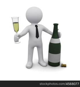 Three-dimensional person with a glass of champagne and a bottle in his hand.