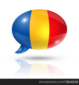 three dimensional Romania flag in a speech bubble isolated on white with clipping path. Romanian flag speech bubble