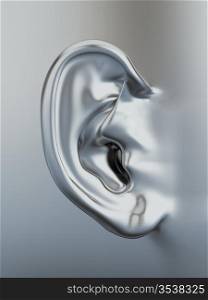 Three dimensional silver metallic human ear. 3d