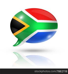 three dimensional South Africa flag in a speech bubble isolated on white with clipping path. South African flag speech bubble