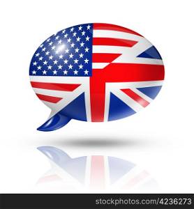 three dimensional UK and USA flags in a speech bubble isolated on white with clipping path. UK and USA flags speech bubble