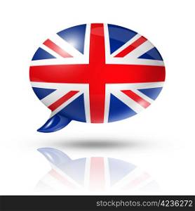 three dimensional UK flag in a speech bubble isolated on white with clipping path. British flag speech bubble