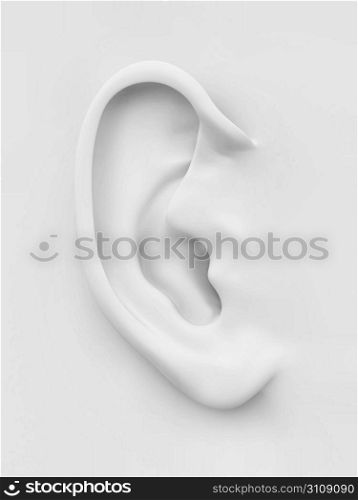 Three-dimensional white soft human ear on white background. 3d