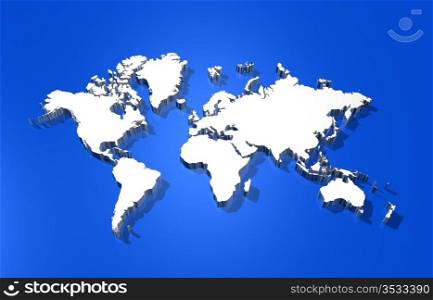three dimensional white world map isolated on blue background. world map