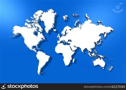 three dimensional white world map isolated on blue background. world map