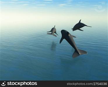 Three dolphins above the sea. 3d rendering.The rear view
