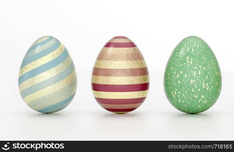 Three Easter eggs art concept with striped black golden decoration in close-up against grey background with copy space