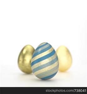 Three Easter eggs art concept with striped black golden decoration in close-up against grey background with copy space