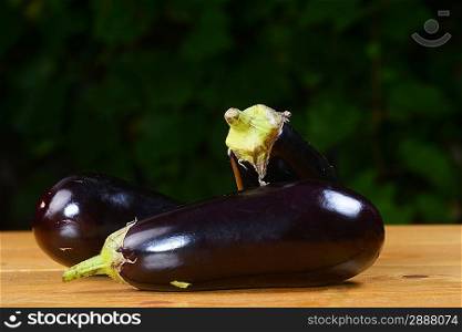 three eggplants on wooden kitchen table