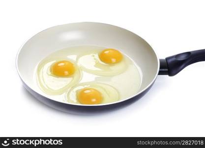 Three eggs in a frying pan, white background