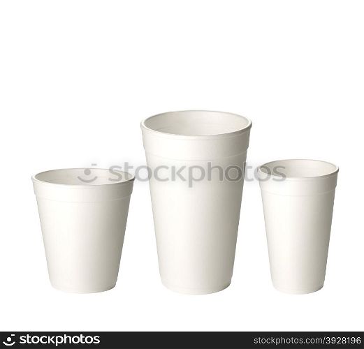 three empty disposable plastic cup isolated on white background