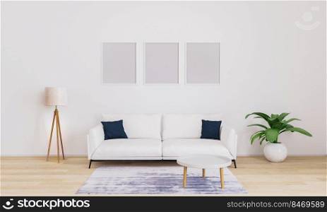 Three empty frame for mockup. Bright living room with white sofa with dark blue pillows, white modern l&, plant, coffee table. Furnished living room with white wall and wooden floor. 3d illustration.