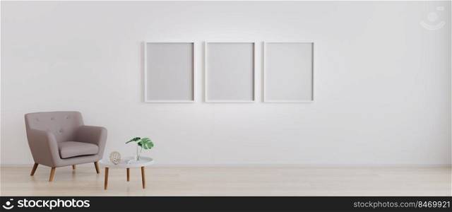 Three empty frames with armchair with white modern coffee table with decoration in bright room for mockup. Living room with 3 empty frames for mockup. 3d rendering