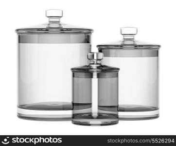three empty glass jars isolated on white background