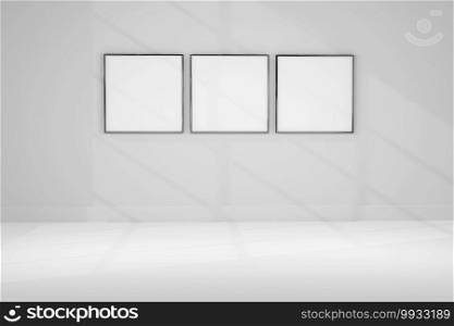 Three empty photo frames hanging on house wall - realistic mockup set of blank picture templates in home interior. 3d