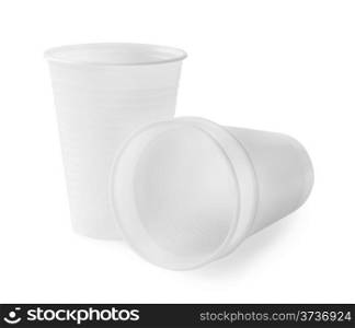 Three empty plastic cups isolated on white background