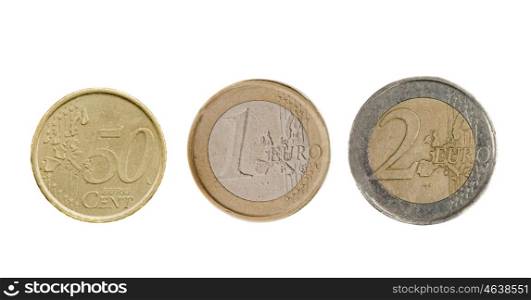 Three Euro coins isolated on white background