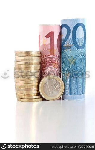 three euro rolled bills with coin over white background