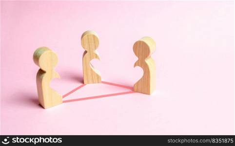 Three figures of people with voids inside the body in the form of halves of the heart are connected by lines. Love triangle concept. Unrecognized love, love relationships, confrontation of lovers.