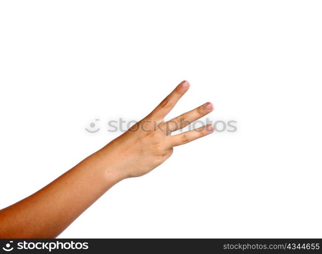 three fingers being held in the air by a female hand. isolated on white background