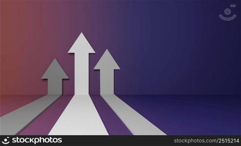 Three flat arrows rising up on gradient background concept of business target reach or successful investment 3D rendering illustration