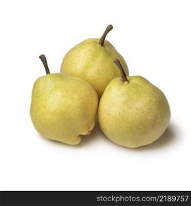 Three fresh ripe tasty Doyenne du Comice pears isolated on white background