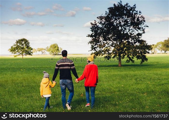 Three friendly family members have walk together on green meadow, keep hands, have pleasant conversation, enjoy togetherness and beautiful landscapes, look into distance, stand backs to camera