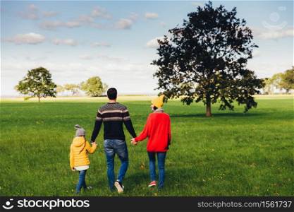 Three friendly family members have walk together on green meadow, keep hands, have pleasant conversation, enjoy togetherness and beautiful landscapes, look into distance, stand backs to camera