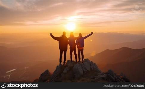 three friends celebrating success on top of a mountain. generative ai art. three friends celebrating success on top of a mountain. generative ai