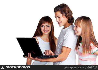 three friends with laptop