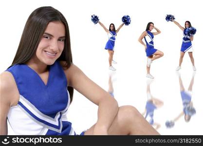 Three full body cheerleader poses over white with close up portrait in front.
