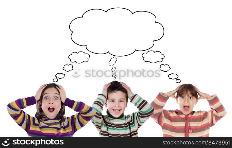 Three funny children surprised on a white background