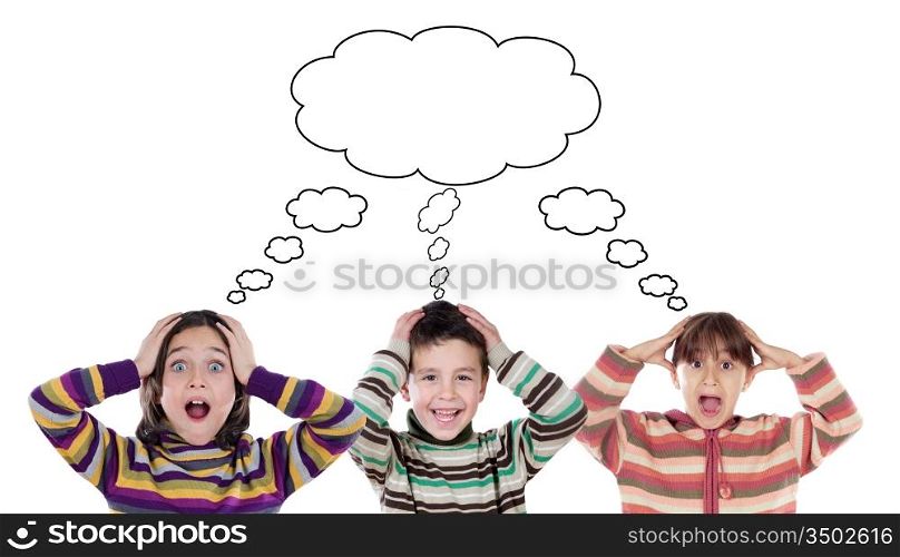 Three funny children surprised with a same thought on a white background
