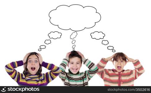 Three funny children surprised with a same thought on a white background