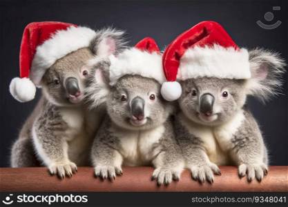 Three funny koalas in red Santa Claus hats. New year or christmas concept with wild zoo animals.. Three funny koalas in red Santa Claus hats. New year or christmas concept with wild zoo animals