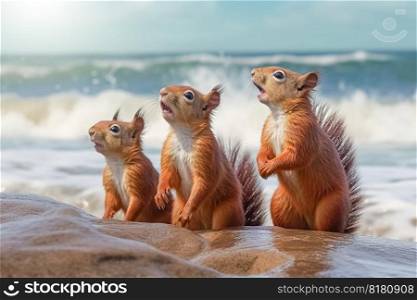 Three funny squirrels are sitting in the water on the sea or ocean shore and enjoying their vacation. Red squirrels on the beach. High-quality photo