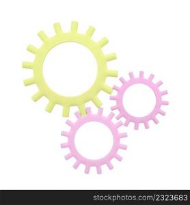 Three gear wheels isolated on white background. Minimal concept. 3d rendering. Three gear wheels isolated on white background. Minimal concept. 3d rendering.