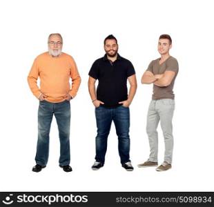 Three generations of men isolated on a white background