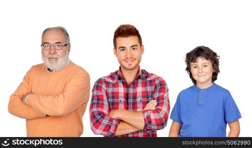Three generations together, grandfather father and son isolated on a white background