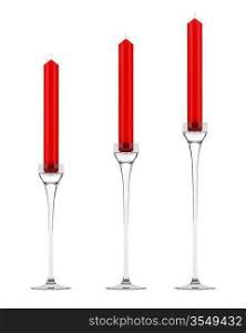 three glass candlesticks with red candles isolated on white background