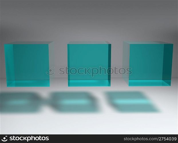 Three glass cubes soaring in air. Abstract show-windows