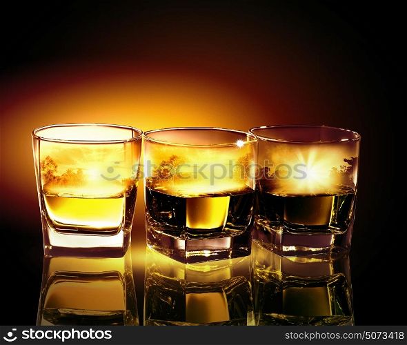 Three glasses of whiskey. Three glasses of whiskey with nature illustration in
