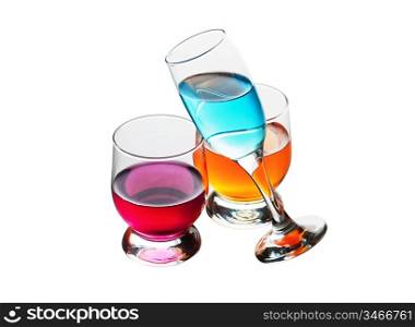 three glasses with drinks isolated on a white background