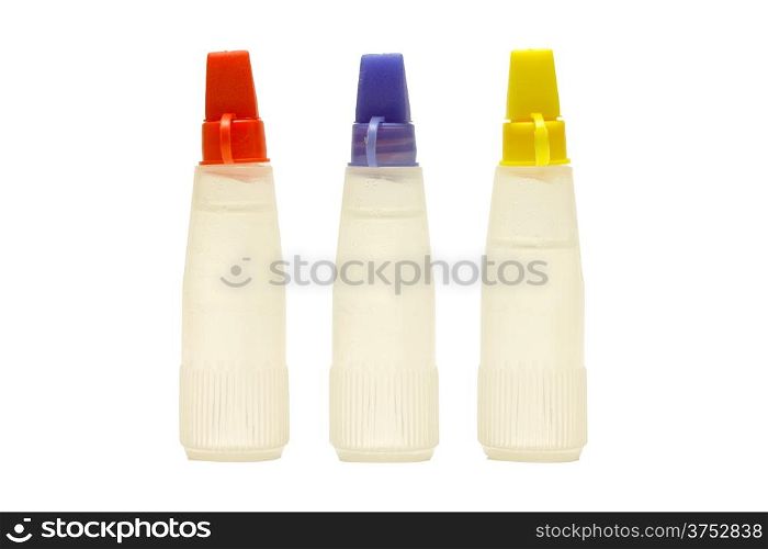 Three Glue water in clear bottle isolated on white background