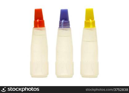 Three Glue water in clear bottle isolated on white background