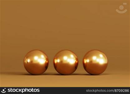 Three gold Christmas tree bauble isolated on a dark background. 3d illustration