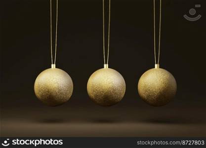 Three gold Christmas tree bauble isolated on a dark background. 3d illustration