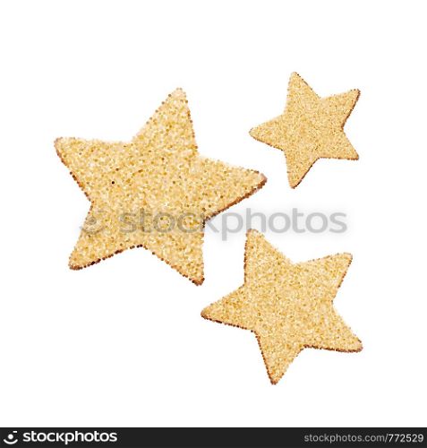 Three gold glitter stars. Golden sparkle luxury design element. Element for advertising poster. Flat cartoon illustration. Objects isolated on a white background.. Three gold glitter stars. Golden sparkle luxury design element. Element for advertising poster. Flat cartoon illustration. Objects isolated on a white background