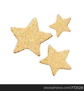 Three gold glitter stars. Golden sparkle luxury design element. Element for advertising poster. Flat cartoon illustration. Objects isolated on a white background.. Three gold glitter stars. Golden sparkle luxury design element. Element for advertising poster. Flat cartoon illustration. Objects isolated on a white background