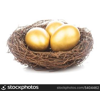 Three golden eggs in the nest isolated on white